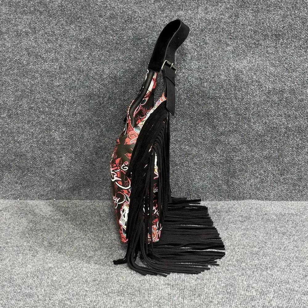 Ed Hardy Hobo Bag Womens Medium Black Red Skull Fringe Tattoo Rock Shoulder